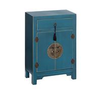 LOLAhome - Mesilla de Noche Oriental Azul de Madera con 1 cajón y 2 Puertas para Dormitorio. Estilo exótico con herrería de Bronce y Cierre. Medidas 69x45x26 cm. Sol Naciente.