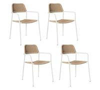 LOLAhome Pack de 4 Silla Deluxe Milos para jardín, Acero Blanco y Cuerda Trenzada Beige, 55x55x83 cm, Ergonómica y Apilable, Tratamiento Anticorrosión y Duraderas, Calidad y Diseño