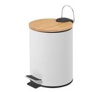 LOLAhome - Papelera Redonda de 5 litros de Pedal de Metal Blanco y Tapa de Bambú para Baño - Cubo Interior Extraíble y Acabado Mate Antihuellas