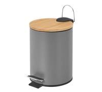 LOLAhome - Papelera Redonda de 5 litros de Pedal de Metal Gris y Tapa de Bambú para Baño - Cubo Interior Extraíble y Acabado Mate Antihuellas
