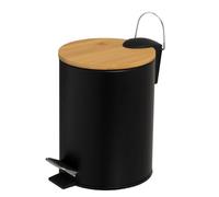 LOLAhome - Papelera Redonda de 5 litros de Pedal de Metal Negro y Tapa de Bambú para Baño - Cubo Interior Extraíble y Acabado Mate Antihuellas