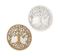 LOLAhome Set de 2 Espejos Árbol de la Vida en Blanco y Natural de Madera y Cristal de Ø 30 cm