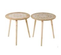 LOLAhome Set de 2 mesas auxiliares con Mandala de Madera Blanco y Natural de Ø 40x42 cm