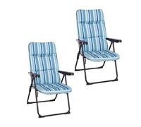 LOLAhome Set de 2 Sillones de Jardín Acolchado y Reclinable 4 Posiciones Azul. Estructura de Tubo de Acero anticorrosión y Lona a Rayas. Colchón de 5 cm de Grosor, Plegable. 61x58x106 cm