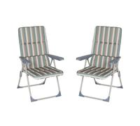 LOLAhome Set de 2 Sillones de Jardín Acolchado y Reclinable 4 Posiciones Verde Multicolor. Estructura de Tubo de Acero anticorrosión y Lona a Rayas. Colchón de 5 cm de Grosor, Plegable. 61x58x106 cm