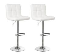 LOLAhome Set de 2 Taburetes Altos Cocina Giratorios en 360°, Juego de Sillas de Bar Regulables en Altura de 93 a 113 cm, con Respaldo de Polipiel, Estructura Metal y Reposapiés, Blancos