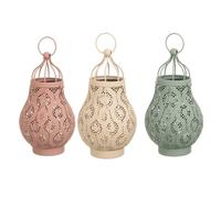 LOLAhome Set de 3 lámparas solares LED farol colgante | 3 lámparas de metal de 13x23cm, Naranja, Beige y Verde | Panel solar, bateria autorrecargable y autoencendido | Para Exterior | Sherezade