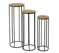 LOLAhome Set de 3 Soportes para Plantas de Madera de paulonia Natural y Metal Negro