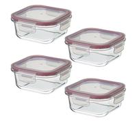 LOLAhome Set de 4 fiambreras de cristal con tapa hermética de 530 ml. Juego de 4 recipientes herméticos de vidrio de borosilicato transparente apto para microondas, horno hasta 400ºC y congelador.