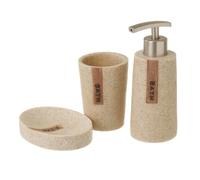 LOLAhome - Set de Accesorios de Baño de Resina Beige - Juego de 3 Piezas: Dispensador de Jabón, Jabonera y Vaso Portacepillos - Diseño Efecto Piedra Rústico y Moderno
