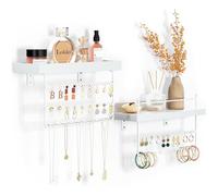Lolalet Juego de 2 Organizador para Joyas Montado en Pared, Soporte de Joyería Estante Colgante para Pendientes Pulseras Collares Perfume Pintalabios Anillos para Mujeres y Chicas -Blanco