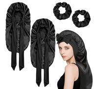LOLANIUT 2pcs Gorro de Seda para Dormir and 2 pcs Haargummi Schwarz, Silk Bonnet sedas, Gorro Seda Dormir Pelo Rizado, Gorros Saten para dormirs, gorroo de Saten para dormirs Pelo Rizado