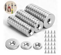 LOLANIUT Kit 36 Piezas Imanes Potentes de Neodimio Ø10/12/15 mm, Imanes con Agujero con Tornillos M3/M4 Incluidos, Imanes Pequeños Multiuso, Imán Neodimio Anticorrosivo para Cocina, Taller y Garaje