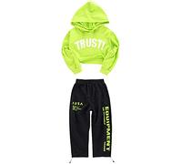 LOLANTA 2 Piezas de Ropa de Baile Callejero para niña Hip Hop, Sudadera Corta + Pantalones de chándal, Verde, 6-7 años, 130
