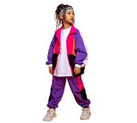 LOLANTA 2 Piezas Ropa Hip Hop Niña,Traje de Baile Callejero,Conjunto de Chaqueta y Pantalones(Morado,6-7,Tag 130)