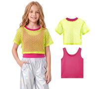 LOLANTA 2PCS Top Malla Neón Camisa Danza Niña Jazz Moderno Hip-Hop Discoteca Top Y2K Ropa Urbana para Baile con Chaleco, NeónLimaRosa, 9-10 años, 140