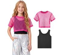 LOLANTA 2PCS Top Malla Neón Camisa Danza Niña Jazz Moderno Hip-Hop Discoteca Top Y2K Ropa Urbana para Baile con Chaleco, Rosa, 9-10 años, 140