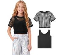 LOLANTA 2PCS Top Malla Neón Camisa Danza Niña Jazz Moderno Hip-Hop Discoteca Top Y2K Ropa Urbana para Baile con Chaleco, Negro, 9-10 años, 140