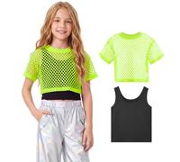 LOLANTA 2PCS Top Malla Neón Camisa Danza Niña Jazz Moderno Hip-Hop Discoteca Top Y2K Ropa Urbana para Baile con Chaleco, Verde Neón, 9-10 años, 140