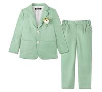 LOLANTA 2PCS Traje de Lino Boda Niño, Conjunto de Blazer y Pantalón Lino para PAJE Niños, Ropa de Bautizo Ceremonia Fiesta, Eneldo Verde, 7-8 años, 130
