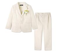 LOLANTA 2PCS Traje de Lino Boda Niño, Conjunto de Blazer y Pantalón Lino para PAJE Niños, Ropa de Bautizo Ceremonia Fiesta, Beige, 5-6 años, 120