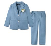LOLANTA 2PCS Traje de Lino Boda Niño, Conjunto de Blazer y Pantalón Lino para PAJE Niños, Ropa de Bautizo Ceremonia Fiesta, Azul Neblina, 10-11 años, 150