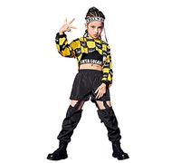 LOLANTA 3 Piezas de Ropa de Hip Hop para niñas, Traje de Baile Callejero, Sudadera con Capucha Recortada, Camiseta sin Mangas, Pantalones Cargo, Amarillo, 6-7 años, 130