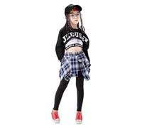 LOLANTA 3 Piezas Disfraces de Baile Hip Hop Street Dance para Niñas, Top Cortos y Culotte con Falda a Cuadros(Negro, 10-11 años, 150)