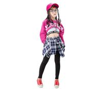 LOLANTA 3 Piezas Disfraces de Baile Hip Hop Street Dance para Niñas, Top Cortos y Culotte con Falda a Cuadros(Rosa, 6-7 años, 130)