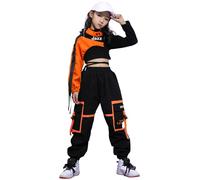 LOLANTA 3 Piezas Ropa Hip Hop Niña, Conjunto Top Corto y Pantalones Cargo(8-9 años, naranja,Tag 140)