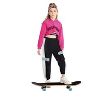 LOLANTA 3Pcs Girls Hip Hop Dance Costume Niños Street Dance Clothes Set Sudadera corta con capucha, camiseta sin mangas, pantalones reflectantes, Rosa, 11-12 años, 160