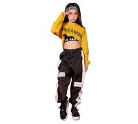 LOLANTA 3Pcs Girls Hip Hop Dance Costume Niños Street Dance Clothes Set Sudadera Corta con Capucha, Camiseta sin Mangas, Pantalones Reflectantes, Amarillo, 6-7 años, 130