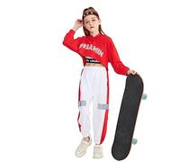 LOLANTA 3Pcs Girls Hip Hop Dance Costume Niños Street Dance Clothes Set Sudadera Corta con Capucha, Camiseta sin Mangas, Pantalones Reflectantes, Rojo, 6-7 años, 130