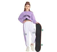 LOLANTA 3Pcs Girls Hip Hop Dance Costume Niños Street Dance Clothes Set Sudadera Corta con Capucha, Camiseta sin Mangas, Pantalones Reflectantes, Morado, 6-7 años, 130