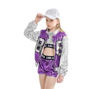 LOLANTA 4 Piezas de niñas Hip Hop Dance Costume Kids Lentejuelas Jazz Dance Clothes Set Calcetines adjuntos, Morado, 5-6 años, 120