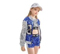LOLANTA 4 Piezas de niñas Hip Hop Dance Costume Kids Lentejuelas Jazz Dance Clothes Set Calcetines adjuntos, Azul, 3-4 años, 110