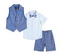 LOLANTA 4 Piezas Traje Corto de Boda para niños, Conjunto de Ropa de Ceremonia, Camisa + pantalón + Chaleco + Pajarita, Cheque Azul Oscuro, 9-10 años, 150