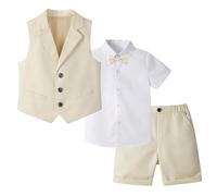 LOLANTA 4 Piezas Traje Corto de Boda para niños, Conjunto de Ropa de Ceremonia, Camisa + pantalón + Chaleco + Pajarita, Beige, 6-7 años, 140