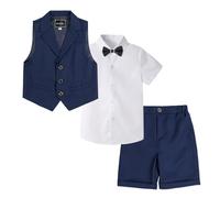 LOLANTA 4 Piezas Traje Corto de Boda para niños, Conjunto de Ropa de Ceremonia, Camisa + pantalón + Chaleco + Pajarita, Azul Oscuro, 5-6 años, 130