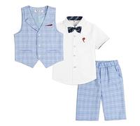 LOLANTA 4 Piezas Traje Corto de Boda para niños, Conjunto de Ropa de Ceremonia, Camisa + pantalón + Chaleco + Pajarita, Cheque Azul, 5-6 años, 130