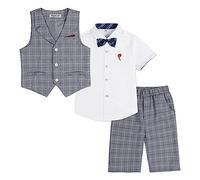 LOLANTA 4 Piezas Traje Corto de Boda para niños, Conjunto de Ropa de Ceremonia, Camisa + pantalón + Chaleco + Pajarita, Cheque Gris, 2-3 años, 100
