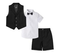 LOLANTA 4 Piezas Traje Corto de Boda para niños, Conjunto de Ropa de Ceremonia, Camisa + pantalón + Chaleco + Pajarita, Negro, 3-4 años, 110