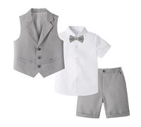 LOLANTA 4 Piezas Traje Corto de Boda para niños, Conjunto de Ropa de Ceremonia, Camisa + pantalón + Chaleco + Pajarita, Gris, 6-7 años, 140