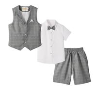 LOLANTA 4 pzs Trajes para Niños de Boda Verano, Conjunto Niño Vestir de Ceremonia Bautizo, Chaleco Pantalón Camisa con Pajarita, 7-8 años, Gris Oscuro, Talla 130