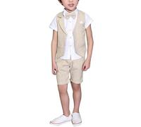 LOLANTA 4 pzs Trajes para Niños de Boda Verano, Conjunto Niño Vestir de Ceremonia Bautizo, Chaleco Pantalón Camisa con Pajarita, 10-11 años, Beige, Talla 150