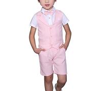 LOLANTA 4 pzs Trajes para Niños de Boda Verano, Conjunto Niño Vestir de Ceremonia Bautizo, Chaleco Pantalón Camisa con Pajarita, 4-5 años, Rosa, Talla 110