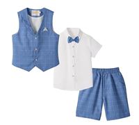 LOLANTA 4 pzs Trajes para Niños de Boda Verano, Conjunto Niño Vestir de Ceremonia Bautizo, Chaleco Pantalón Camisa con Pajarita, 5-6 años, Azul Neblina, Talla 120