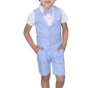 LOLANTA 4 pzs Trajes para Niños de Boda Verano, Conjunto Niño Vestir de Ceremonia Bautizo, Chaleco Pantalón Camisa con Pajarita, 4-5 años, Azul, Talla 110