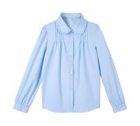 LOLANTA Blusa para Niñas de Manga Larga con Cuello Peter Pan y Volantes, Mezcla de Poliéster y Algodón, Camisa de Uniforme Escolar, Azul (Cuello con Volantes), 5-6 años, 120