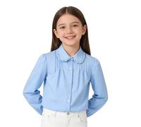LOLANTA Camisa Niña Cuello Peter Pan, Blusa Botones Manga Larga Abullonada | Tela lisa, elástica y resistente a las manchas; estilo elegante, formal y casual